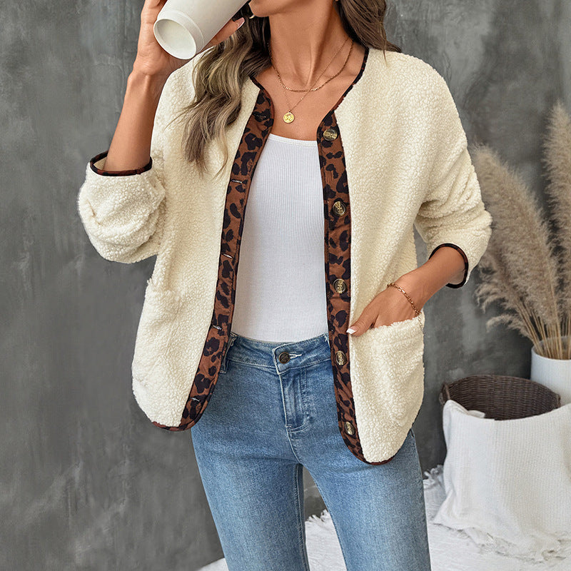 Autumn Winter Casual Leopard Print Color Contrasting Stripe Cardigan Ladies Thick Polar Fleece Crew Neck Coat