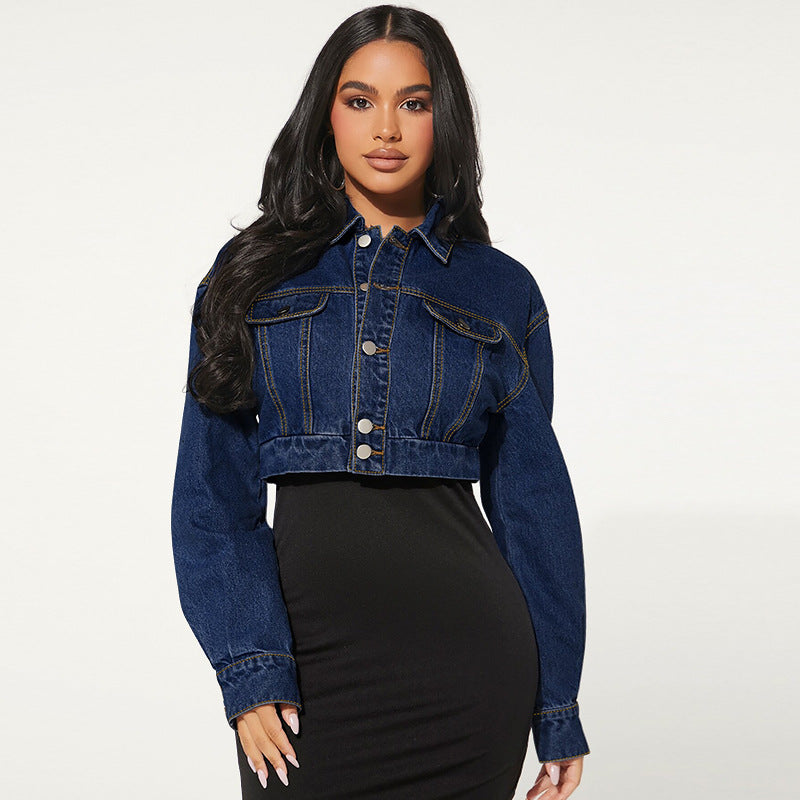 Women Clothing Denim Elastic Button Cardigan Long Sleeve Short Denim Coat Outlet