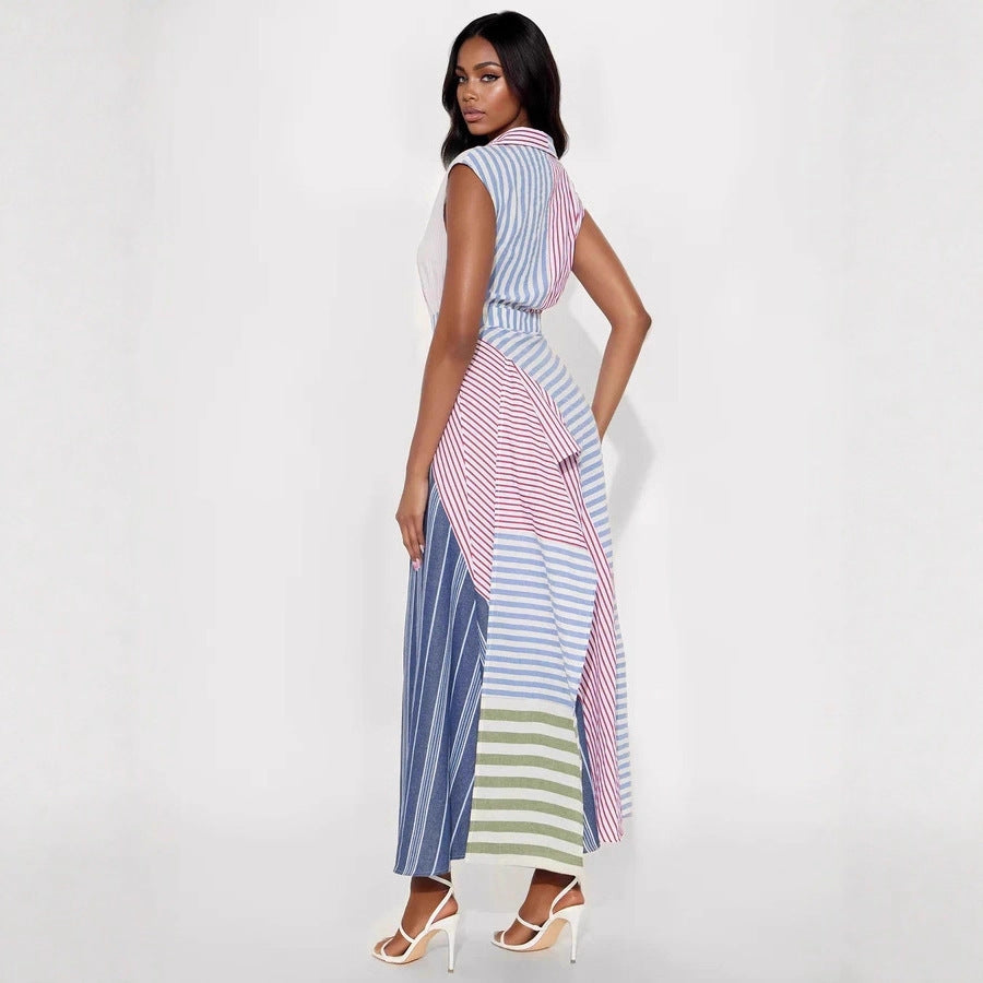 Women Clothes Cool Contrast Color Patchwork Stripes V neck Dress Irregular Asymmetric Cinched A line Dress