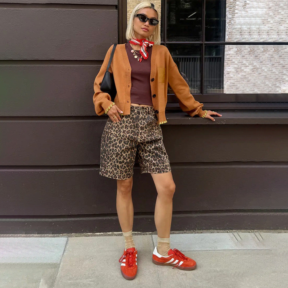 Pure Cotton Leopard Print Shorts Spring Summer Fashionable Fifth Pants Street Leopard Print Shorts for Women