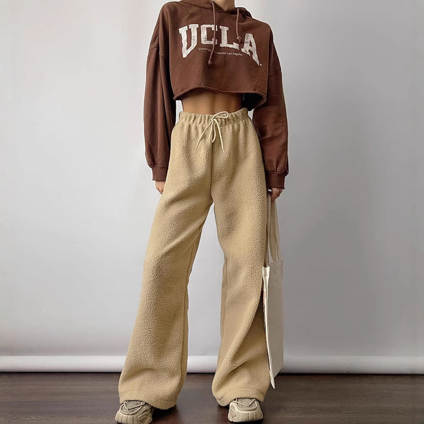 Autumn Winter Warm Thick Polar Fleece Casual Trousers Lace up Loose Mid Waist Wide Leg Pants for Women