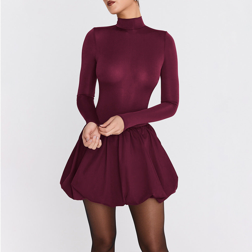 Elegant Slim Fit Women Dress Sexy Turtleneck Long Sleeved Tight Waist Pleated A line Dress