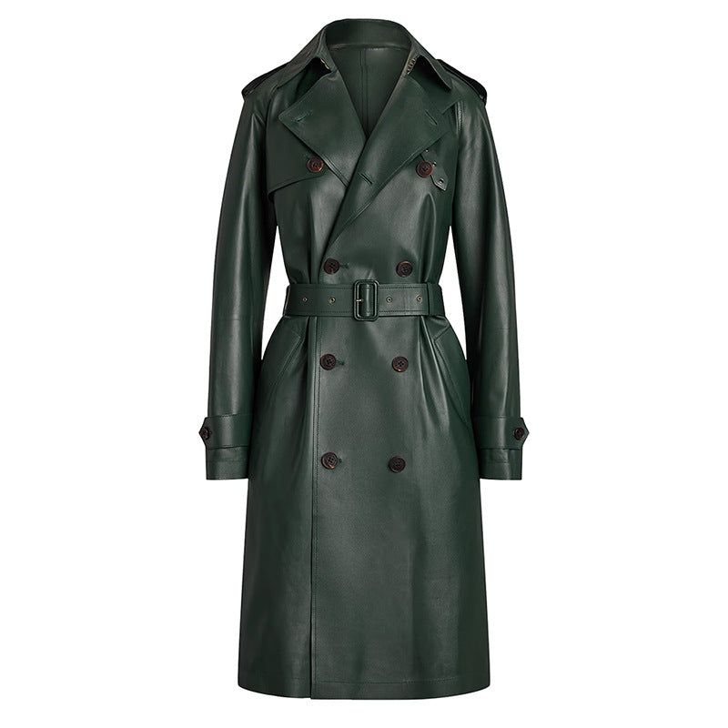 Double Breasted Series Belt Slim Mid Length Leather Wind Coat Coat