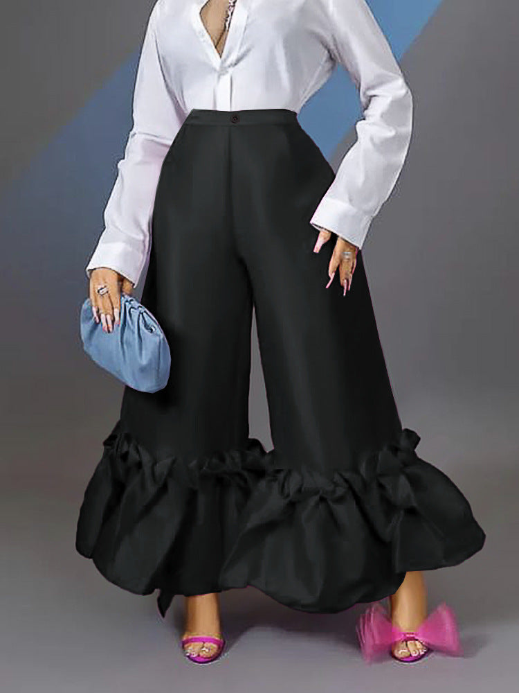 High Waist Loose Design Ruffles Wide Leg Bell Bottoms High Waist Flare Pants
