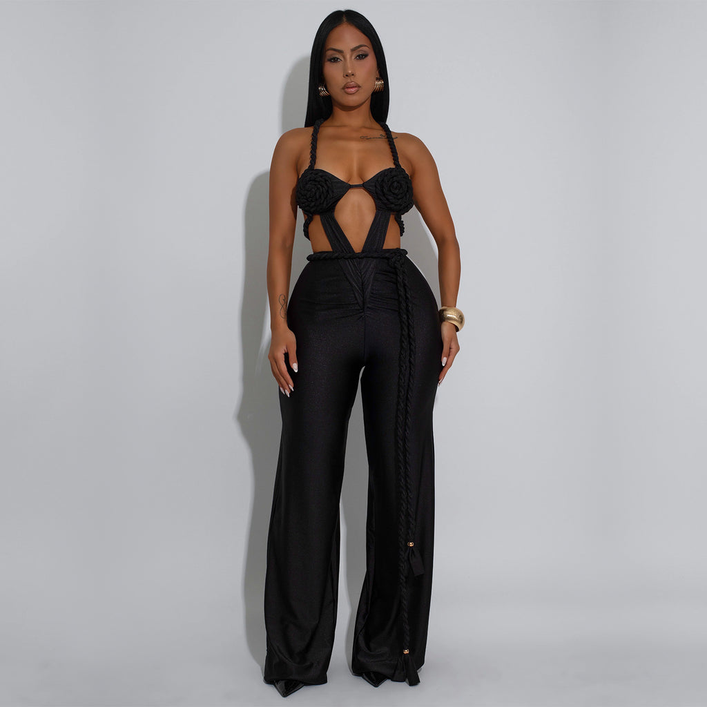 Women Wear Solid Color Sexy Bandeau Backless Lace up Jumpsuit
