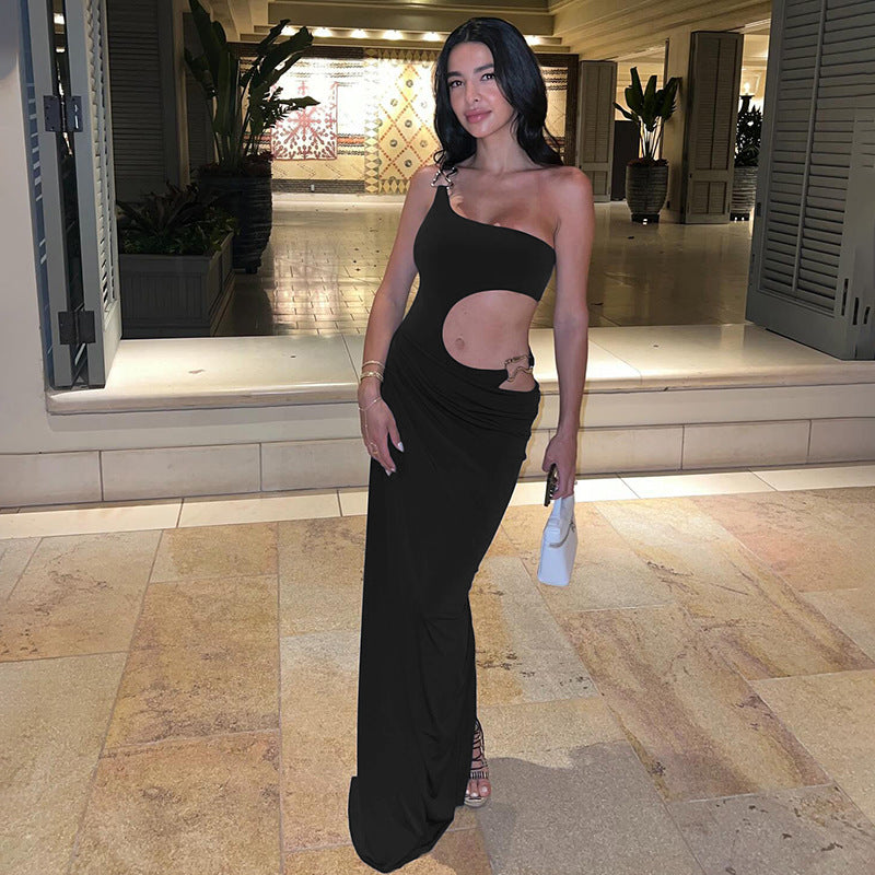 Robe longue moulante sexy automne-hiver à découpes ajourées, couleur unie, bustier fendu, robe taille basse