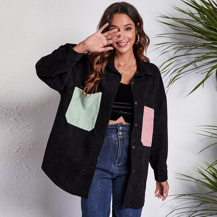 Loose Corduroy Shirt Mid-Length Patchwork Pocket Drop-Shoulder Long-Sleeve Thin New