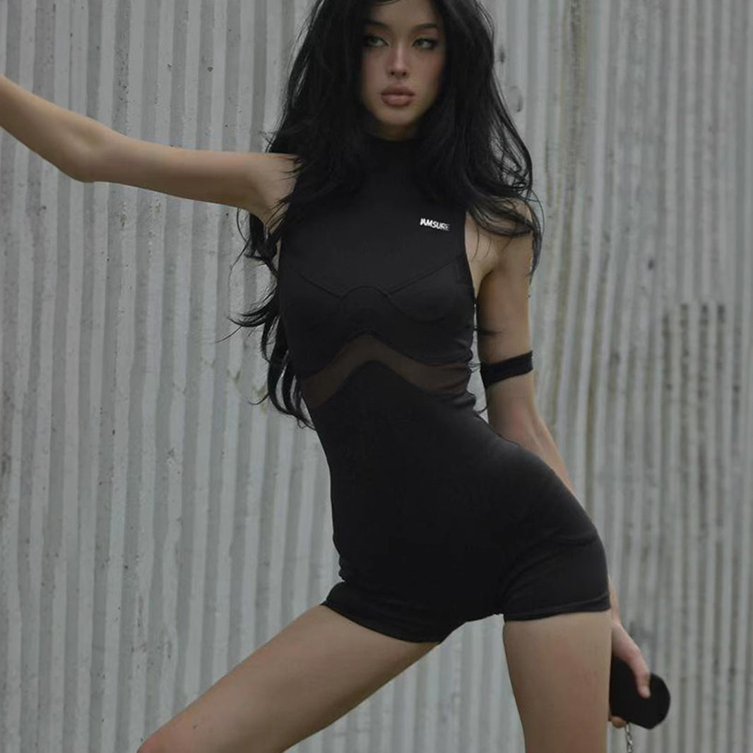 Street Mesh Stitching Hollow Out Cutout Sleeveless Romper Sexy Solid Color Tight Sports Waist Shaping Trousers