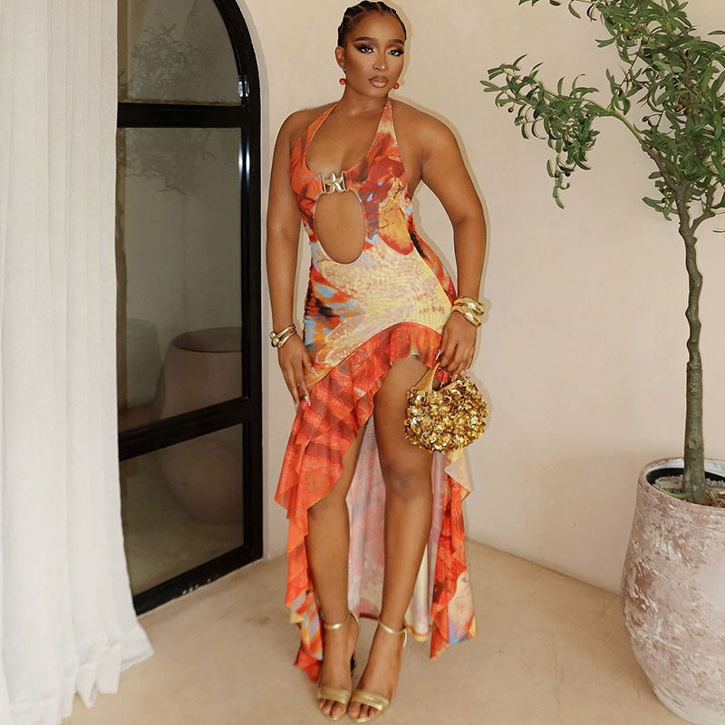 Spring Summer Women Clothing Sexy Halter Backless Contrast Color Ruffled Dress Women