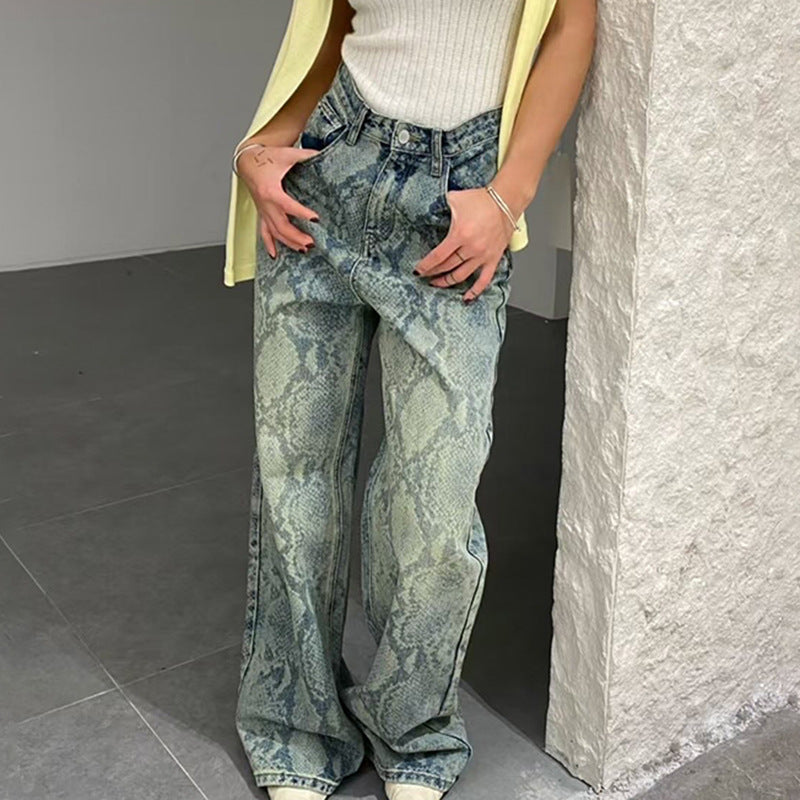 Casual Street Snake Print Jeans Women Autumn High Waist Slimming Washed Drooping Straight Pants