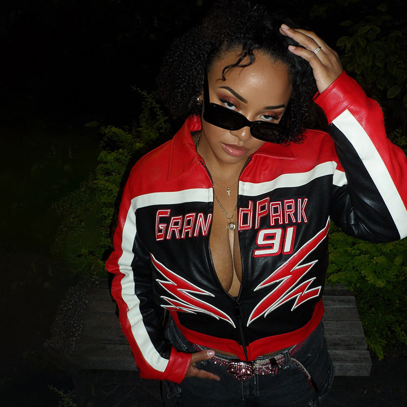 Manteau court zippé sexy automne-hiver pour femme, brodé, col et taille hauts.