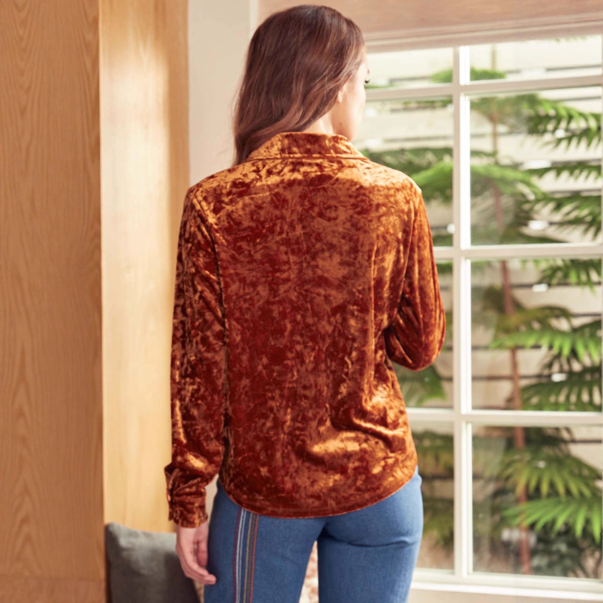 Retro Loose Diamond Velvet Shirt Autumn Winter Solid Color Polo Collar Button Long Sleeve Shirt for Women