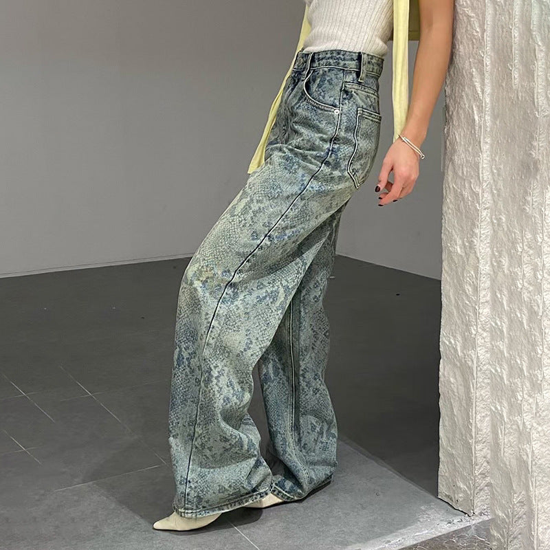 Casual Street Snake Print Jeans Women Autumn High Waist Slimming Washed Drooping Straight Pants