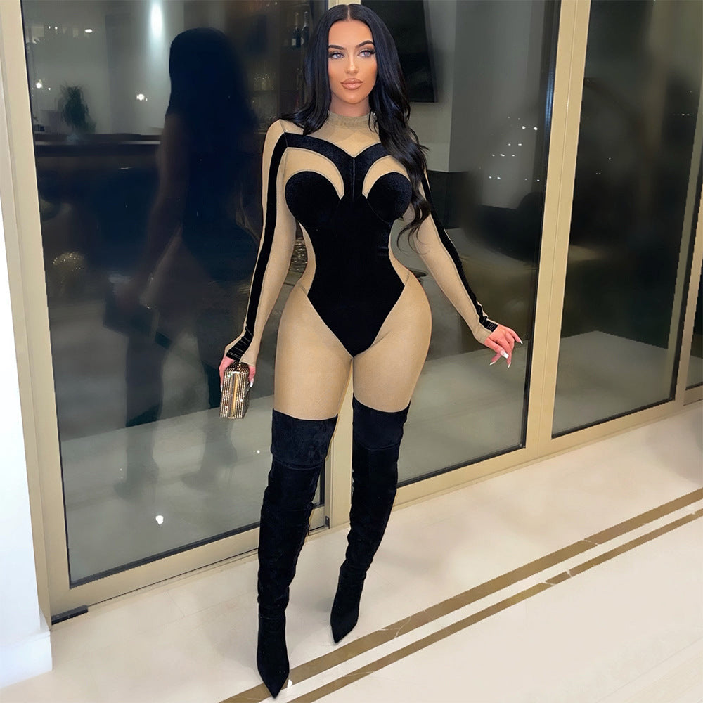 Sexy See-through Velvet Tight Slimming Sheath Jumpsuit