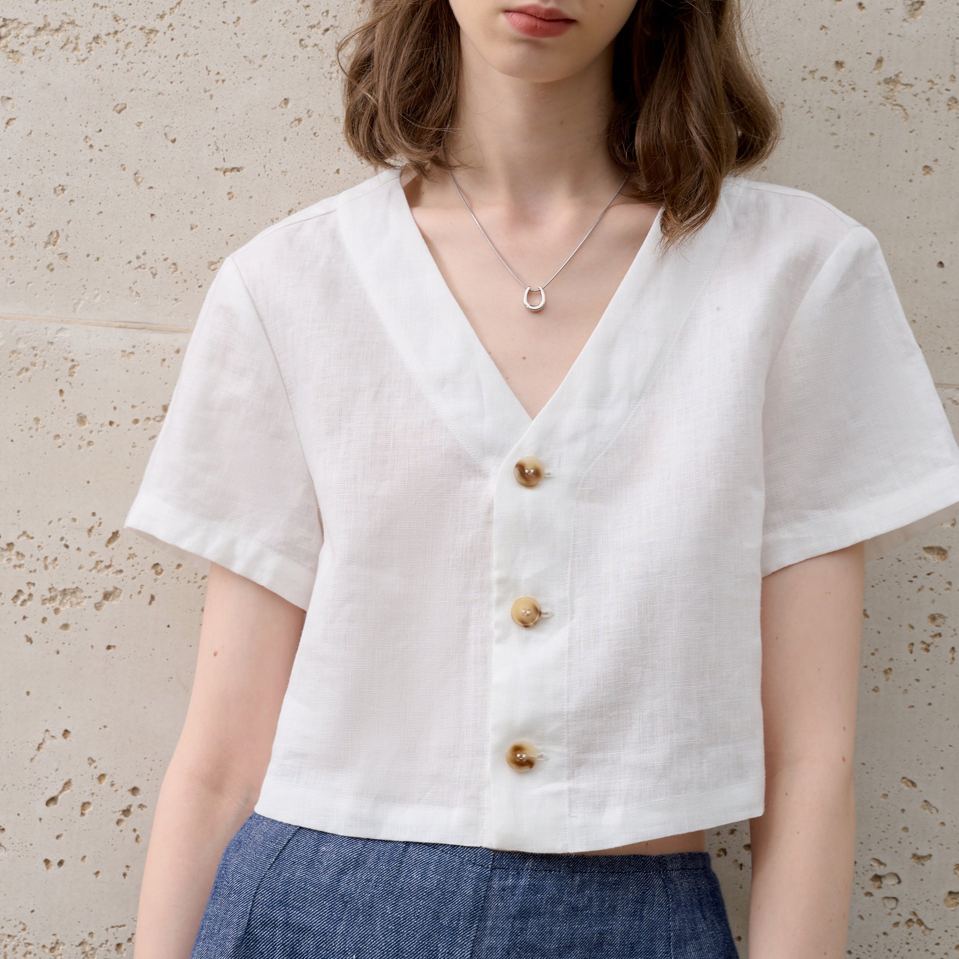 Pure Linen Short Sleeved Top Summer Slimming Cardigan Comfortable Breathable V neck Shirt