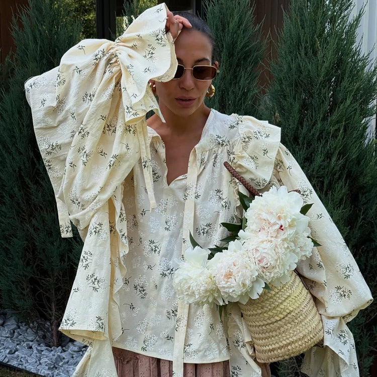 French Design Ruffled Tied Printed Shirt Women Arrival round Neck Flared Sleeves All Match Office Top