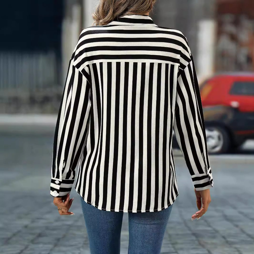 Women Clothing Best Seller Spring Autumn Striped Collared Can Open Long Sleeve Women Shirt