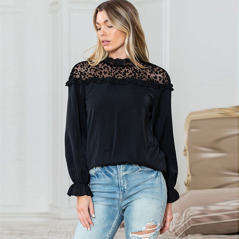 Ruffles Design Pullover Women Casual All Match Leopard Print Stitching Long Sleeve T Shirt Women