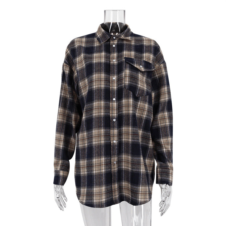 Autumn Winter Classic Retro Boyfriend Plaid Shacket Women All Match Loose Shirt