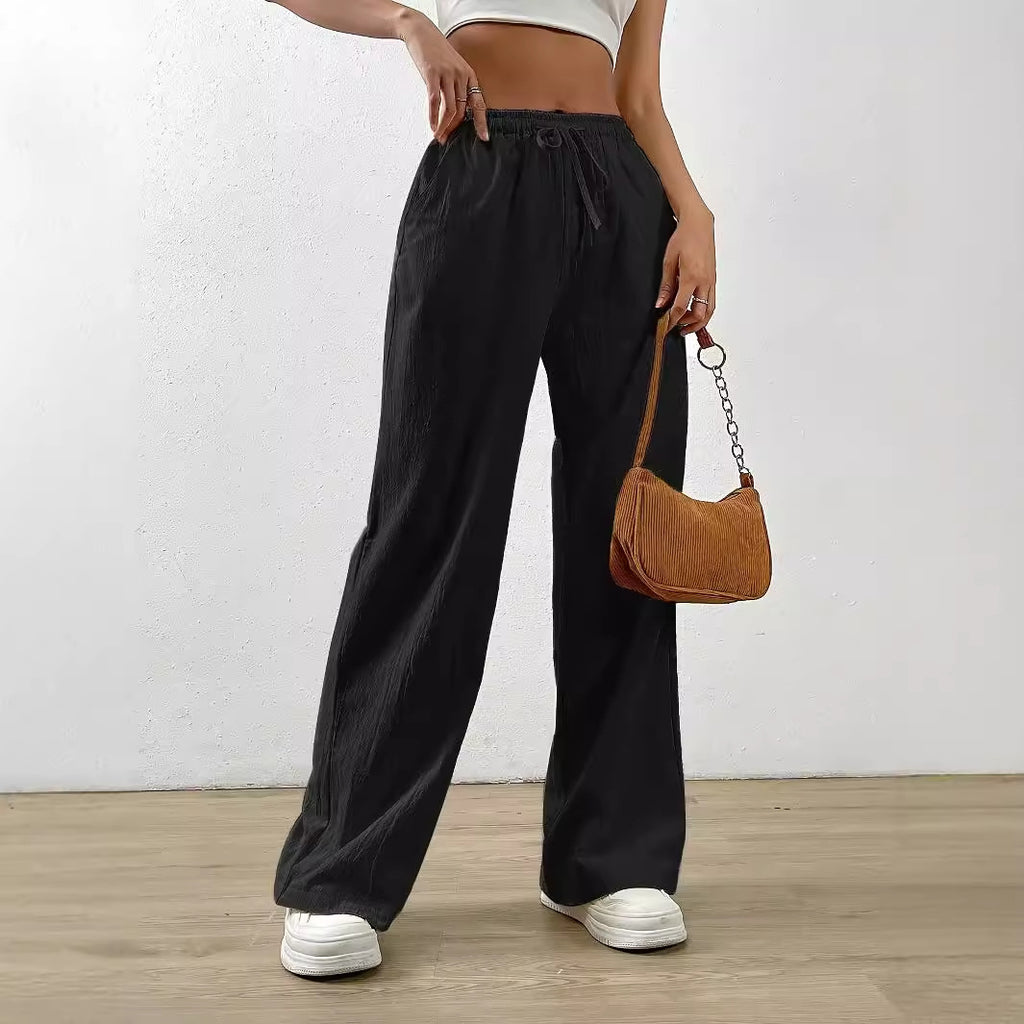 Women Clothing Spring Summer All Match Solid Color Loose Casual Draping Elastic Waist Drawstring Wide Leg Pants Trousers