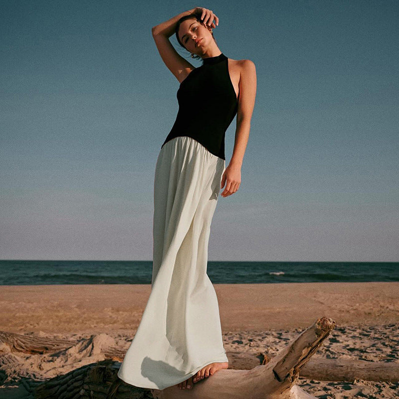 Fall Women Clothing Loose Backless Stitching Pleated Slim Mop Dress