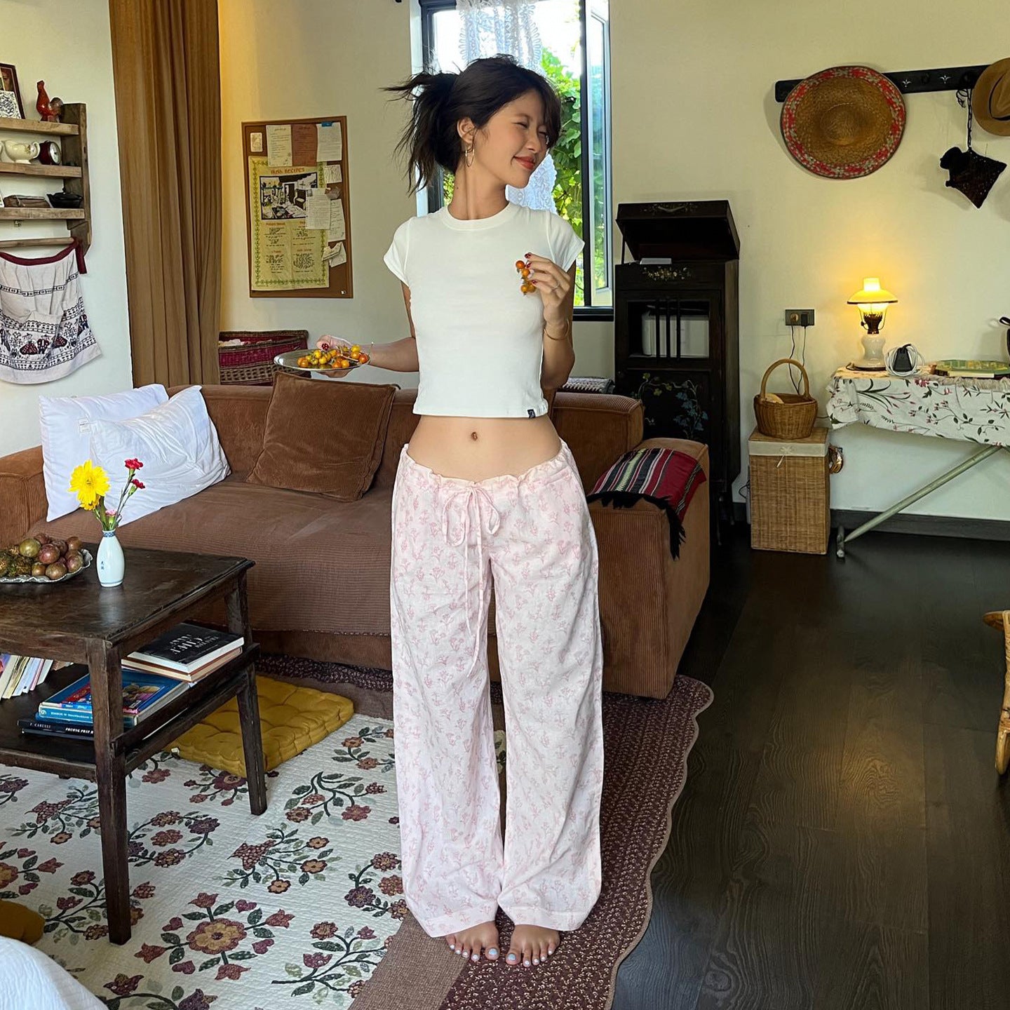 Summer Loose Home Wear Pajama Pants Cute Floral Drawstring Lace Straight Women Casual Pants