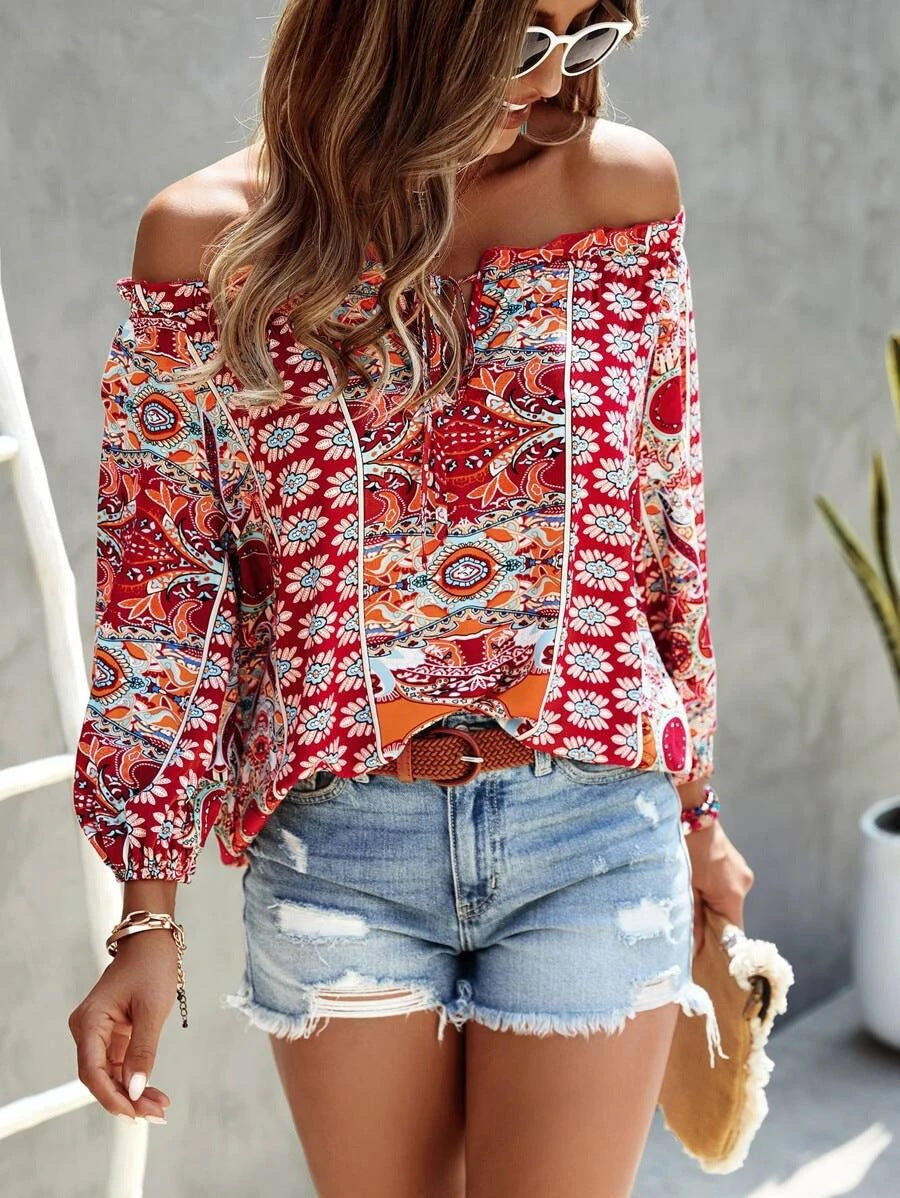 Bohemian Summer Floral Print off Shoulder Lotus Leaf Trim Knot Front Shirt