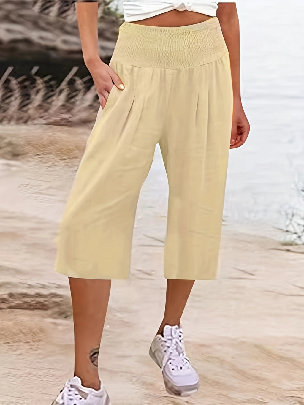 Summer Cotton Linen Capri Pants Smocking Thin Pocket Wide Leg Casual Pants Women
