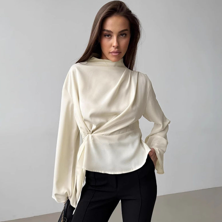French Small Stand Collar Chiffon Bell Sleeve Pleated Split Shirt Spring Top