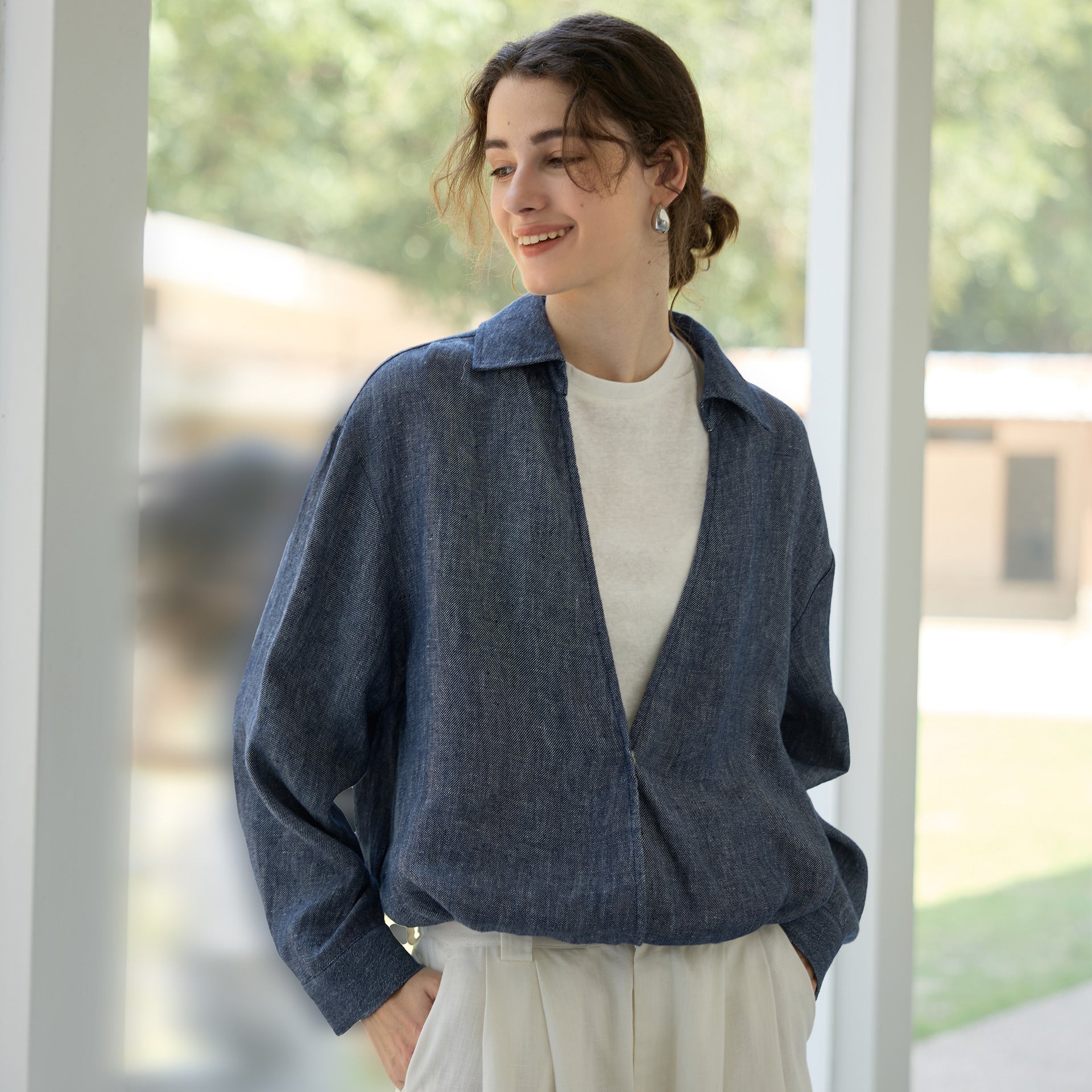 Faux Two Piece Linen Yarn Dyed Women Top Autumn Winter Deep V Plunge Collared Shirt White Vest Stitching