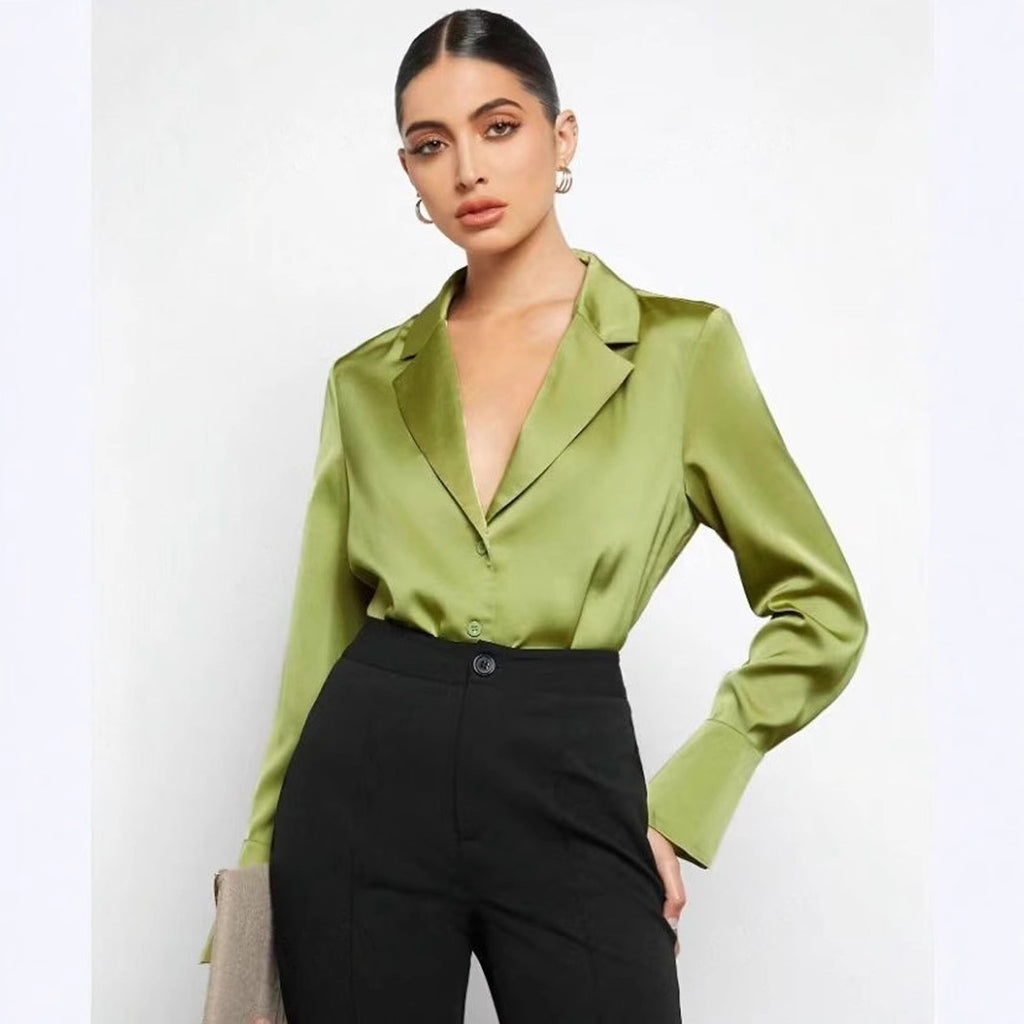 Satin Faux Silk Shirt Spring Summer Women Clothing Minimalist Long Sleeve Shirt Top