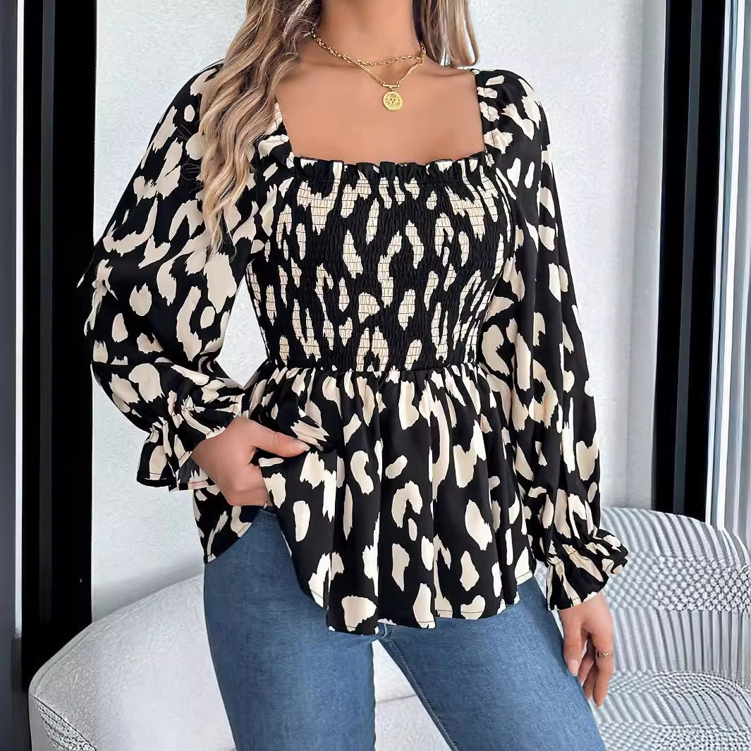 Real Shot Autumn Winter Casual Wooden Ear Square Collar Leopard Print Long Sleeve Chiffon Shirt Women Clothing