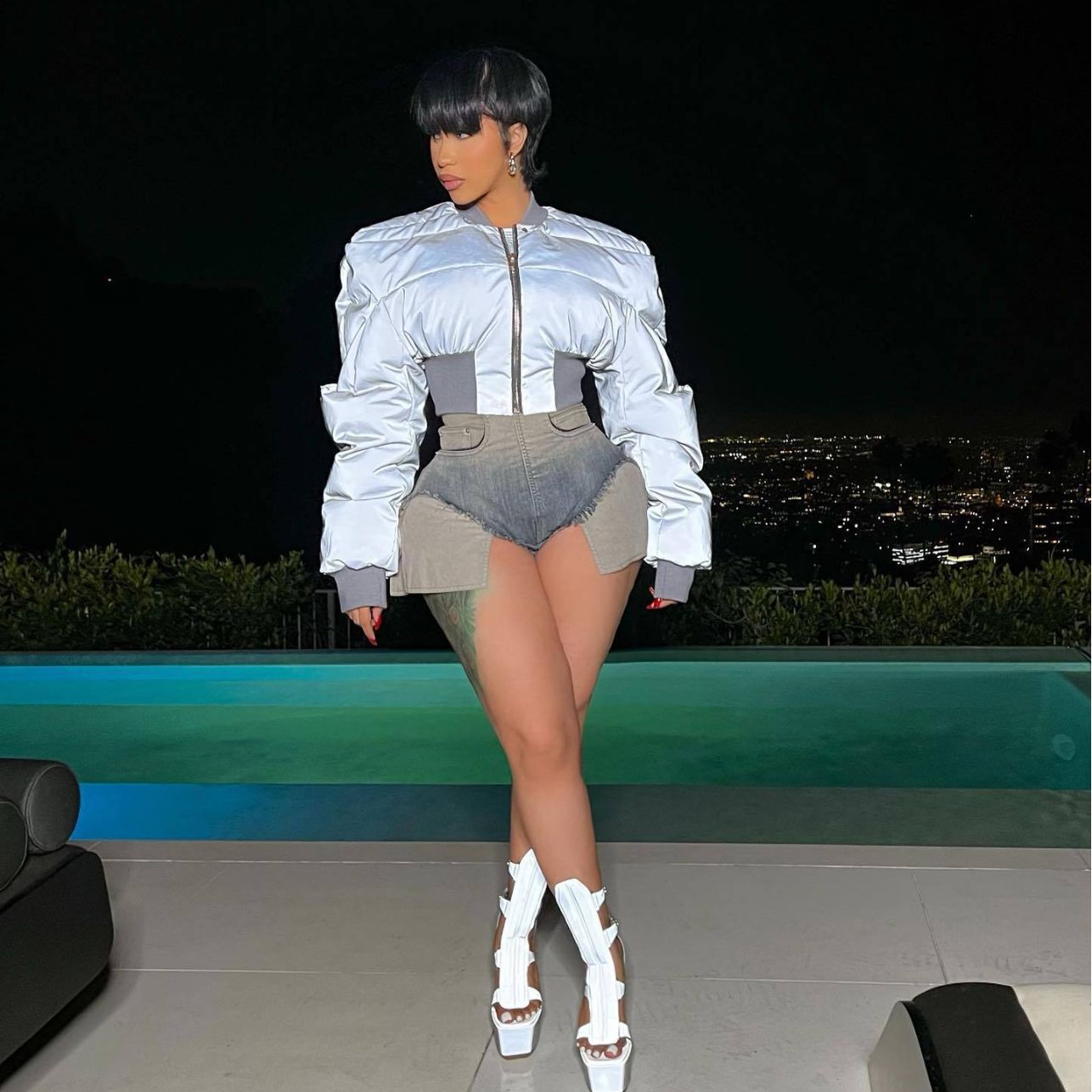 Autumn Winter Women Clothing Round Neck Long Sleeve Zipper Waist Warm Casual Reflective Cotton Padded Coat