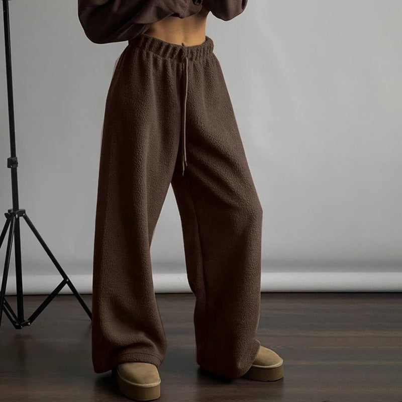 Autumn Winter Comfortable Warm Polar Fleece Elastic Waist Drawstring Design Solid Color All Matching Casual Trousers