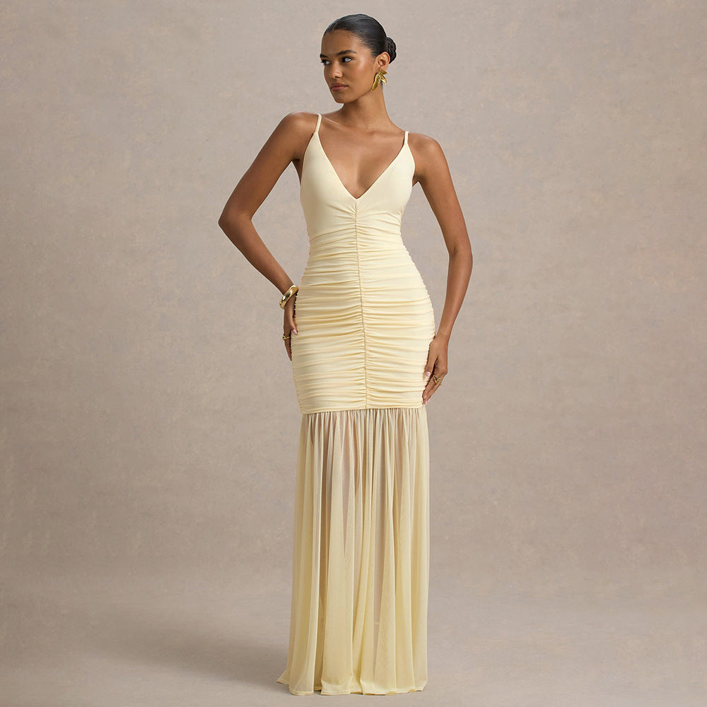 Elegant Straps Tulle Dress Sexy Deep V Plunge Pleated Stitched Backless Maxi Dress