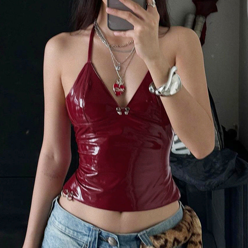 Wine Red Retro Sexy Faux Leather Camisole Top Personality Street Backless Halter Lace up Zip Vest