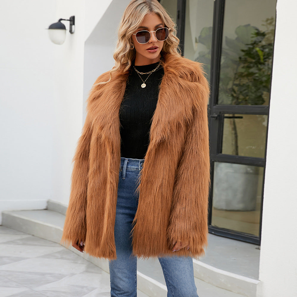 Women Faux Fur Top Women Fur Mid Length Collar Casual Coat