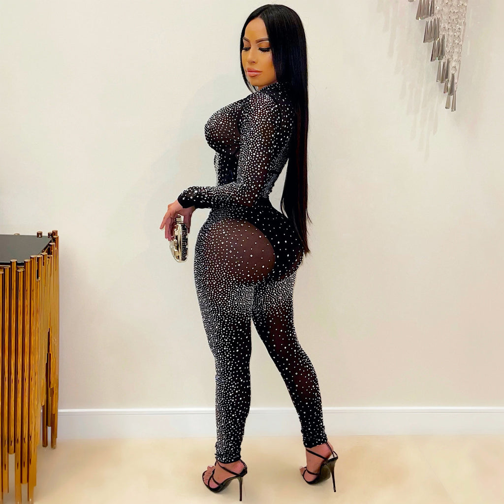 Women Clothing Sexy Tight Mesh See-through Long Sleeve Rhinestone Two-Piece Set Blouse Pants Women