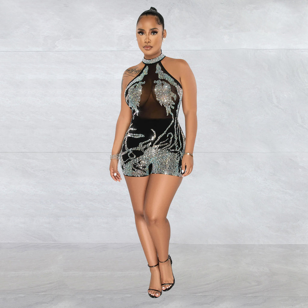 Women Wear Mesh See through Rhinestone Sleeveless Shorts Jumpsuit