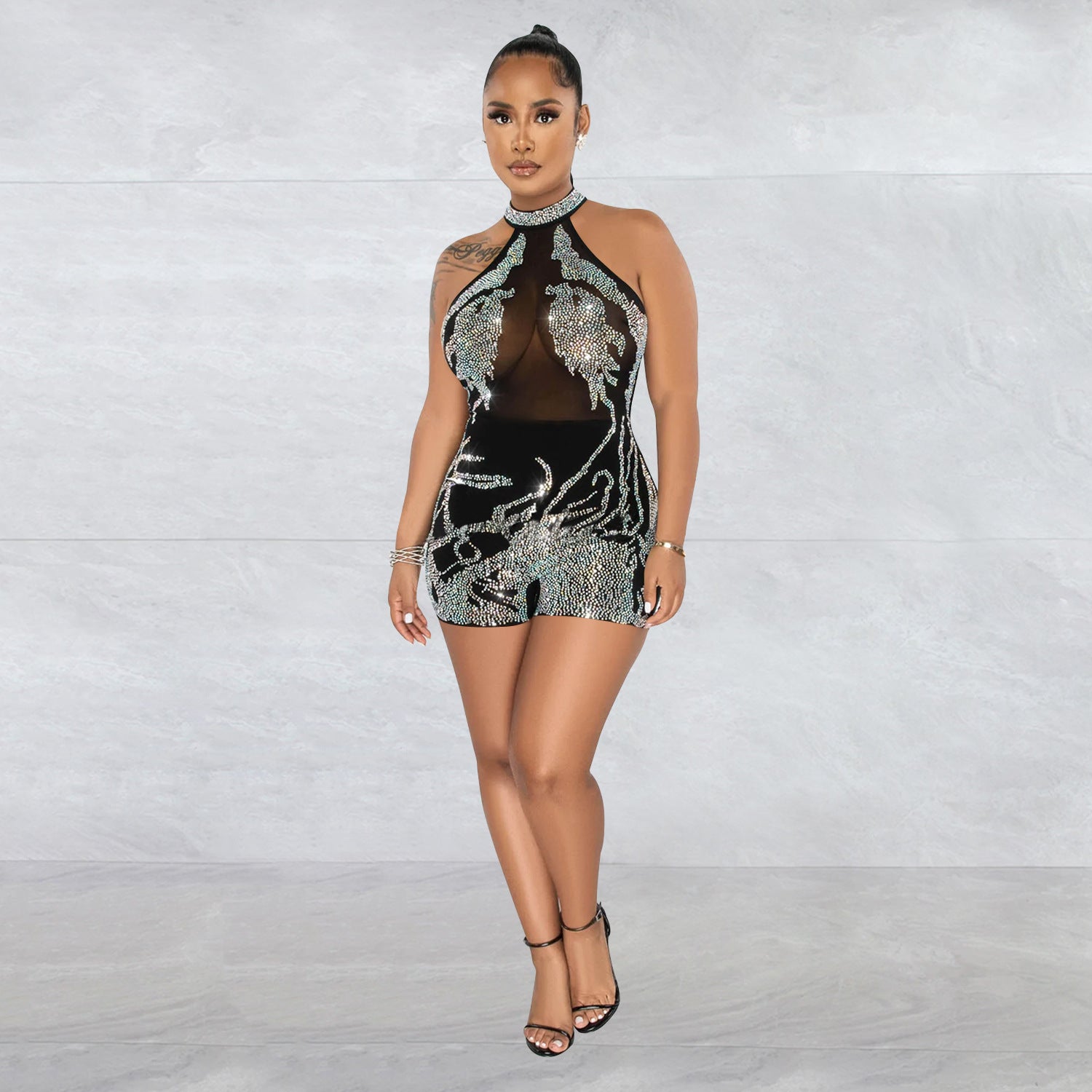 Women Wear Mesh See through Rhinestone Sleeveless Shorts Jumpsuit