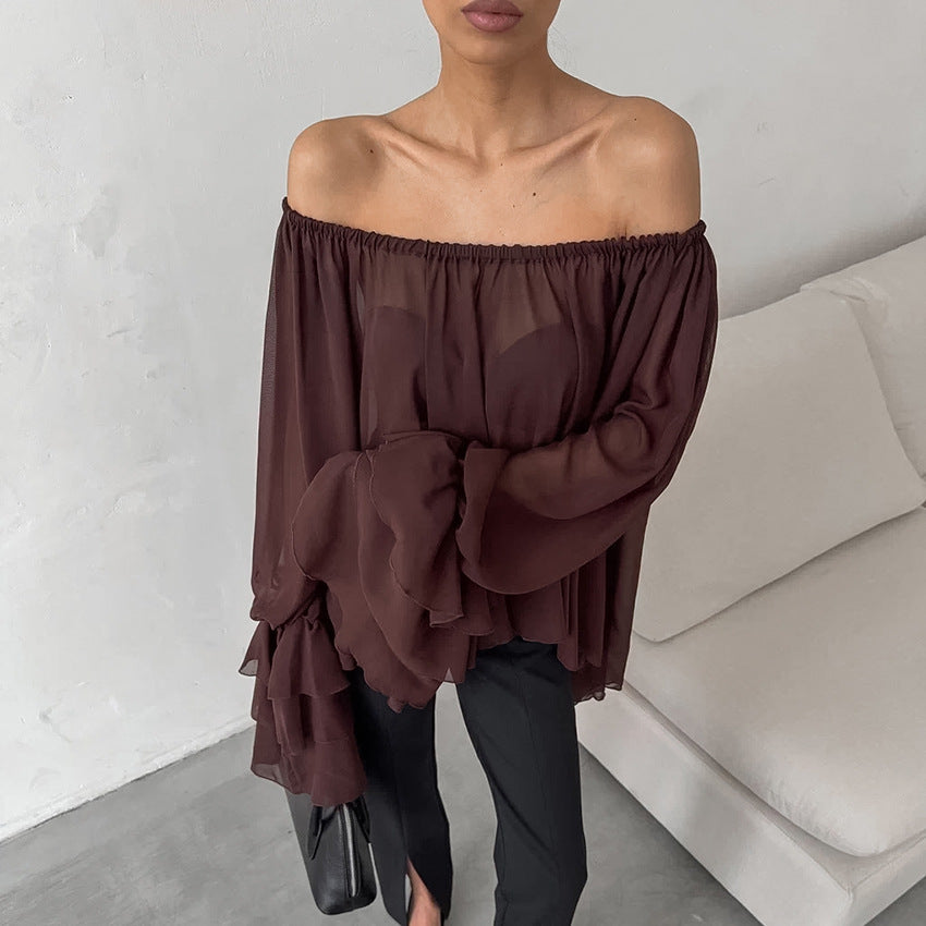 Fall Winter Retro Elegant Boat Neck Brown Chiffon Loose Sexy off the Shoulder Top Ruffled Shirt