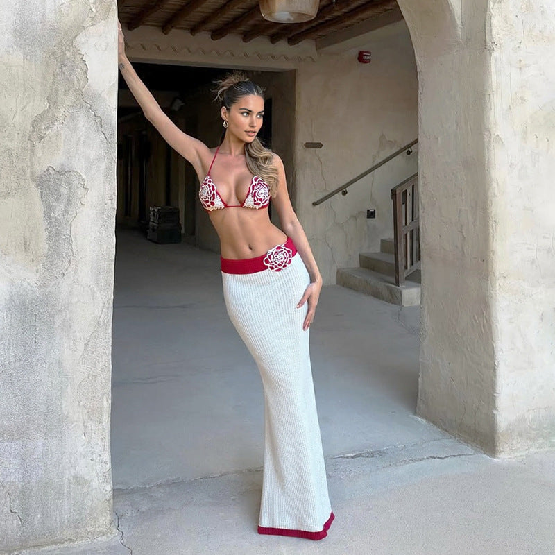 Women Clothing Autumn Sexy Knitted Crochet Halter Small Sling Contrast Color Slim Fit Skirt Two Piece Sets