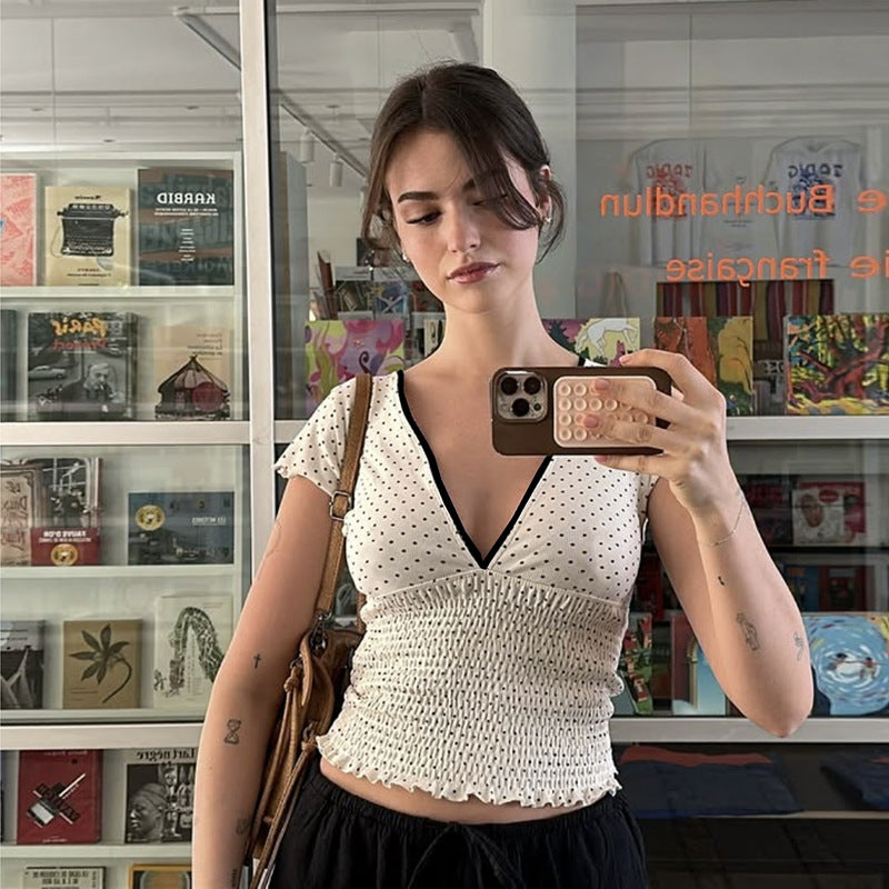 Women Clothing Summer Personalized Polka Dot Contrast Color Slim Fit Sexy V neck Stringy Selvedge Short Sleeve T shirt