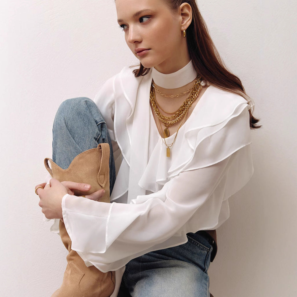 Spring Summer Comfortable V neck Flounce Long Sleeve Loose Shirt Design Office All Matching Top