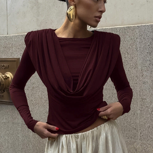 Pleated Waist Tight Swing Collar Long Sleeved T shirt Women Autumn Winter Beautiful Bottoming Top