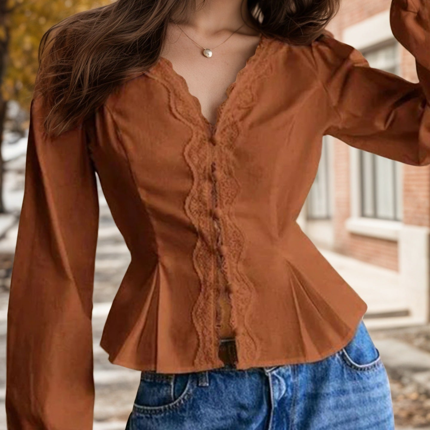 French Lace Lace Long Sleeved Shirt Autumn V neck Pleated Lace up Waist Single Row Multi Buckle Top