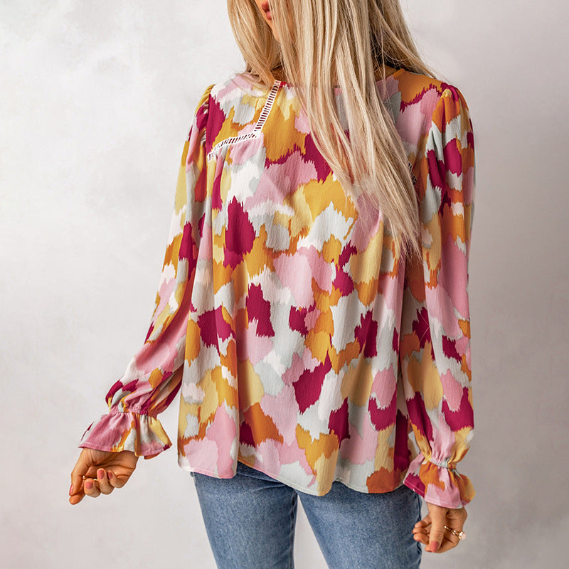 Abstract Printed Fluffy Sleeve Chiffon Shirt Women Round Neck Pullover Long Sleeve Top