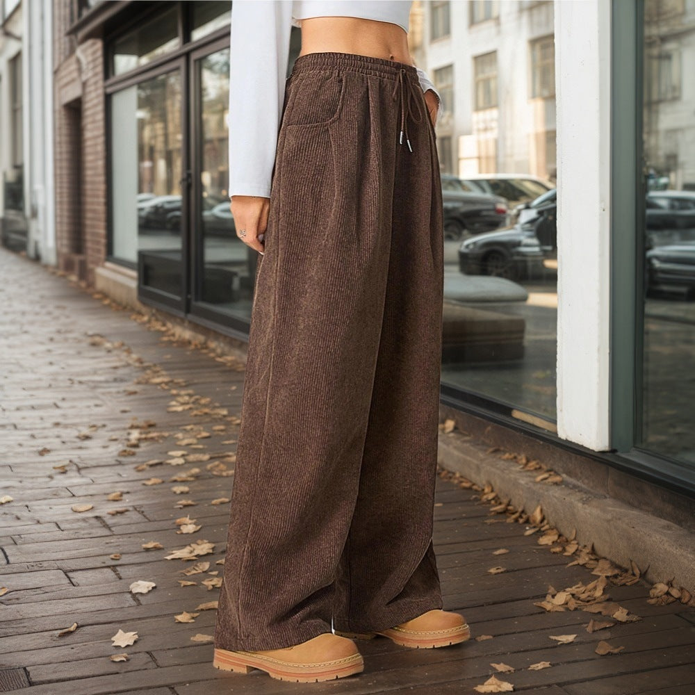 Women Clothing Dark Brown Loose Casual Pants Autumn Winter Draping Elastic Waist Wide Leg Slimming Trousers