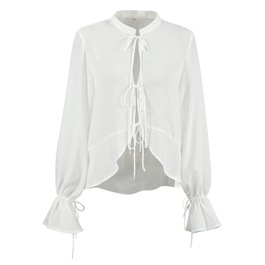 White Chiffon Small Stand Collar Design Drawstring Women Shirt Autumn Winter Top