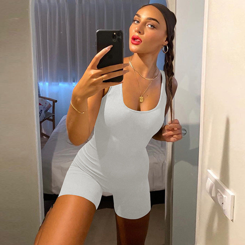 Women Clothing Spring Solid Color U Collar Slim Slim Backless Jumpsuit